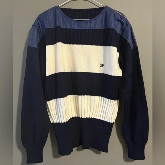 Cashmilon size Large, Navy and Cream Striped Sweater with zippered shoulders - Picture 1 of 7